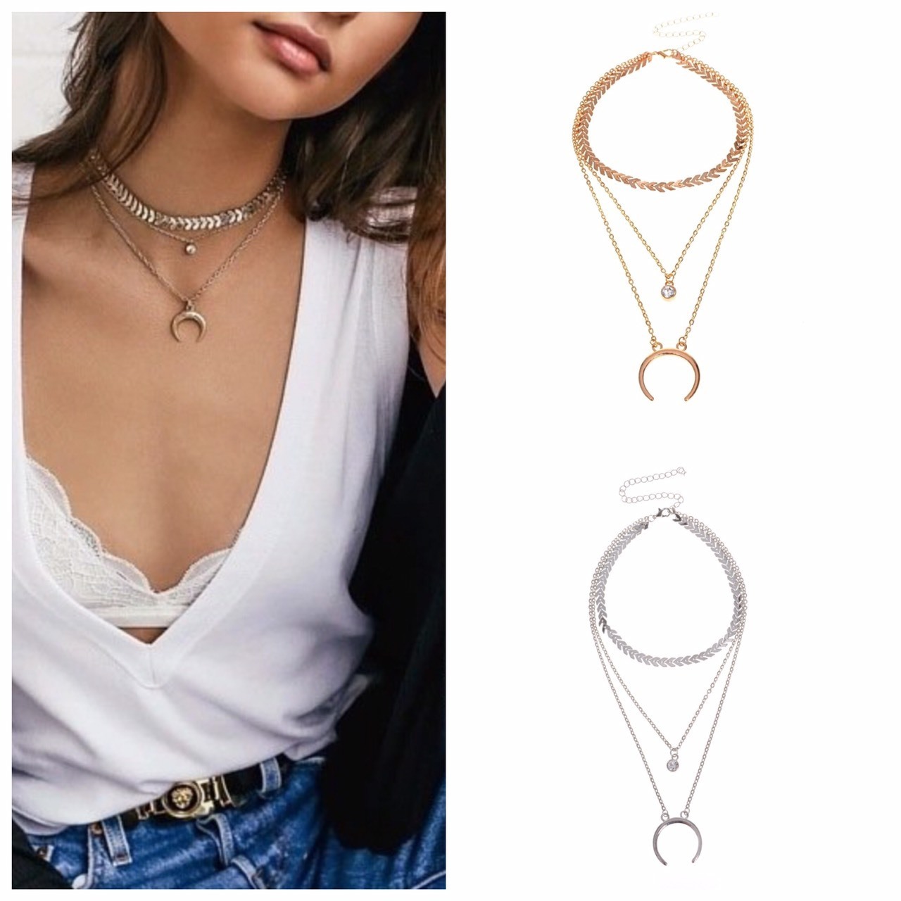 月亮水鑽 多層次項鍊 (金/銀)