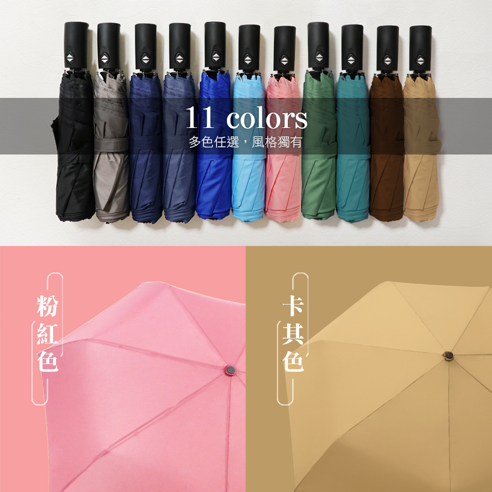 簡約時尚摺疊自動傘_11色,單手一按開收傘迅速,上下車行走好省時。 快速潑水抗風高CP值,簡約配色品味配件。