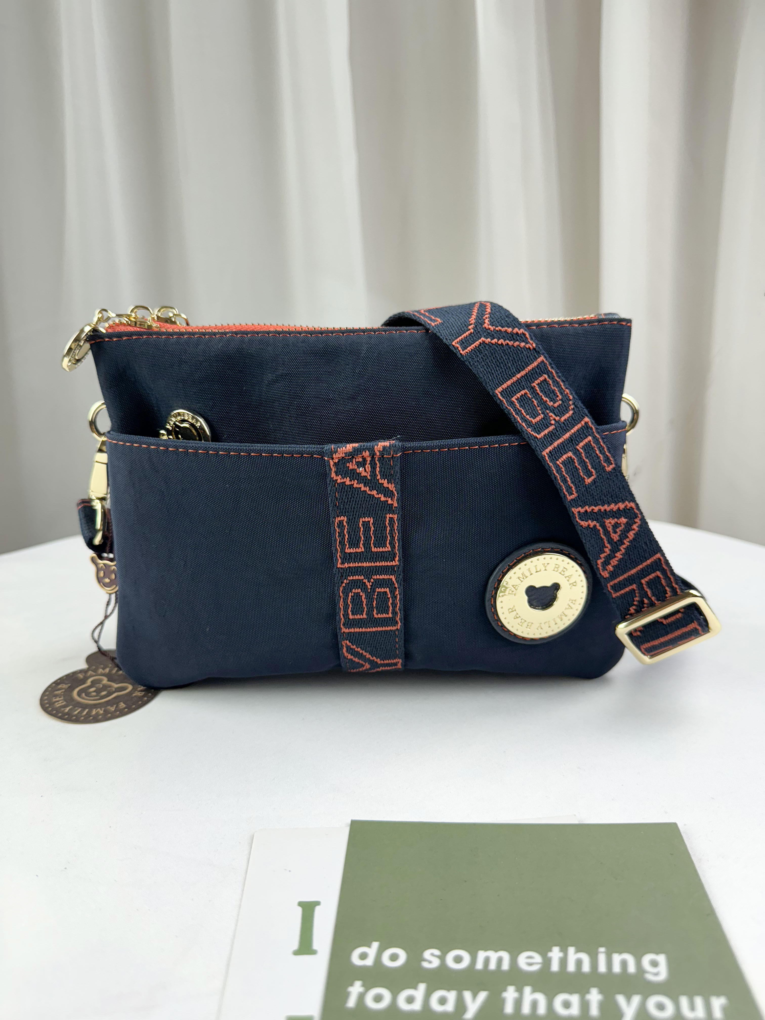 FamilyBear 藍橙織帶防潑水側背包  #2835