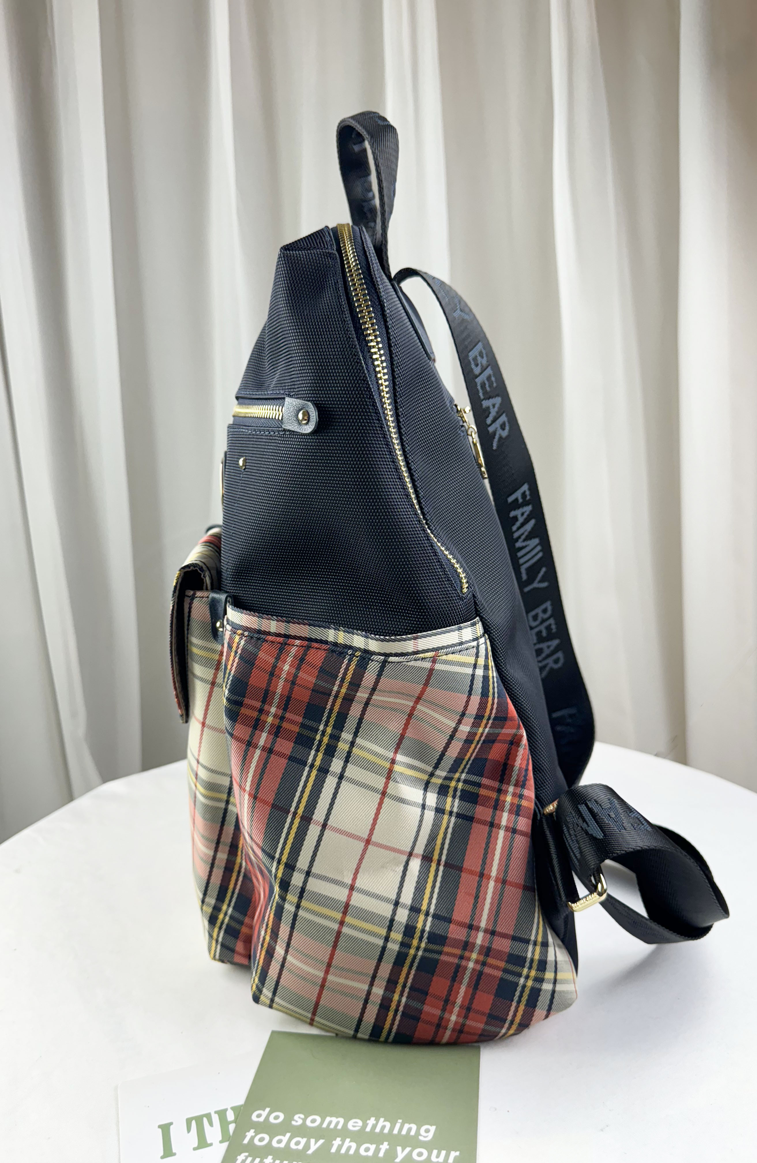 GOODS 橙格紋拼色防潑水後背包 附格紋零錢包 #2559