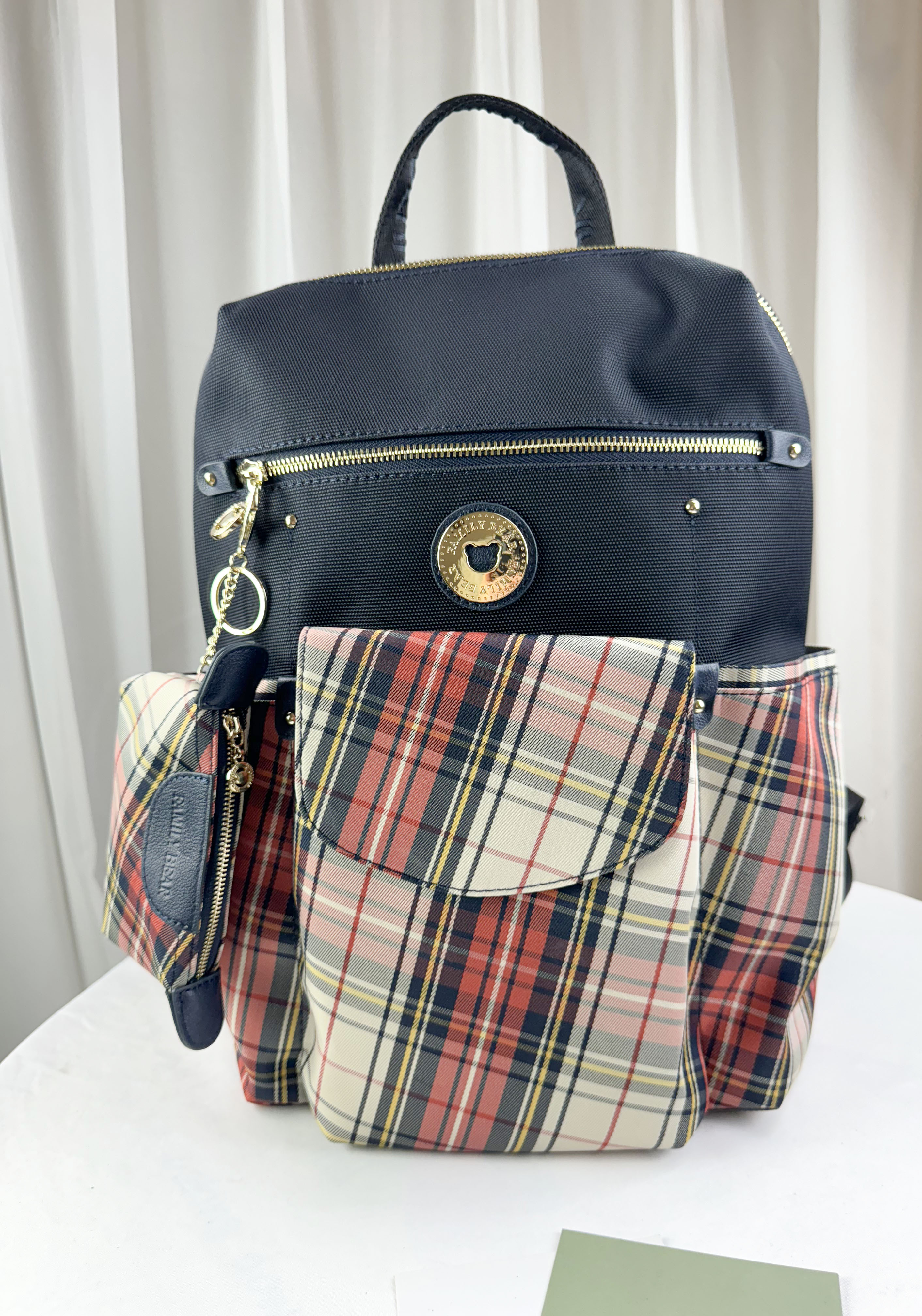 GOODS 橙格紋拼色防潑水後背包 附格紋零錢包 #2559