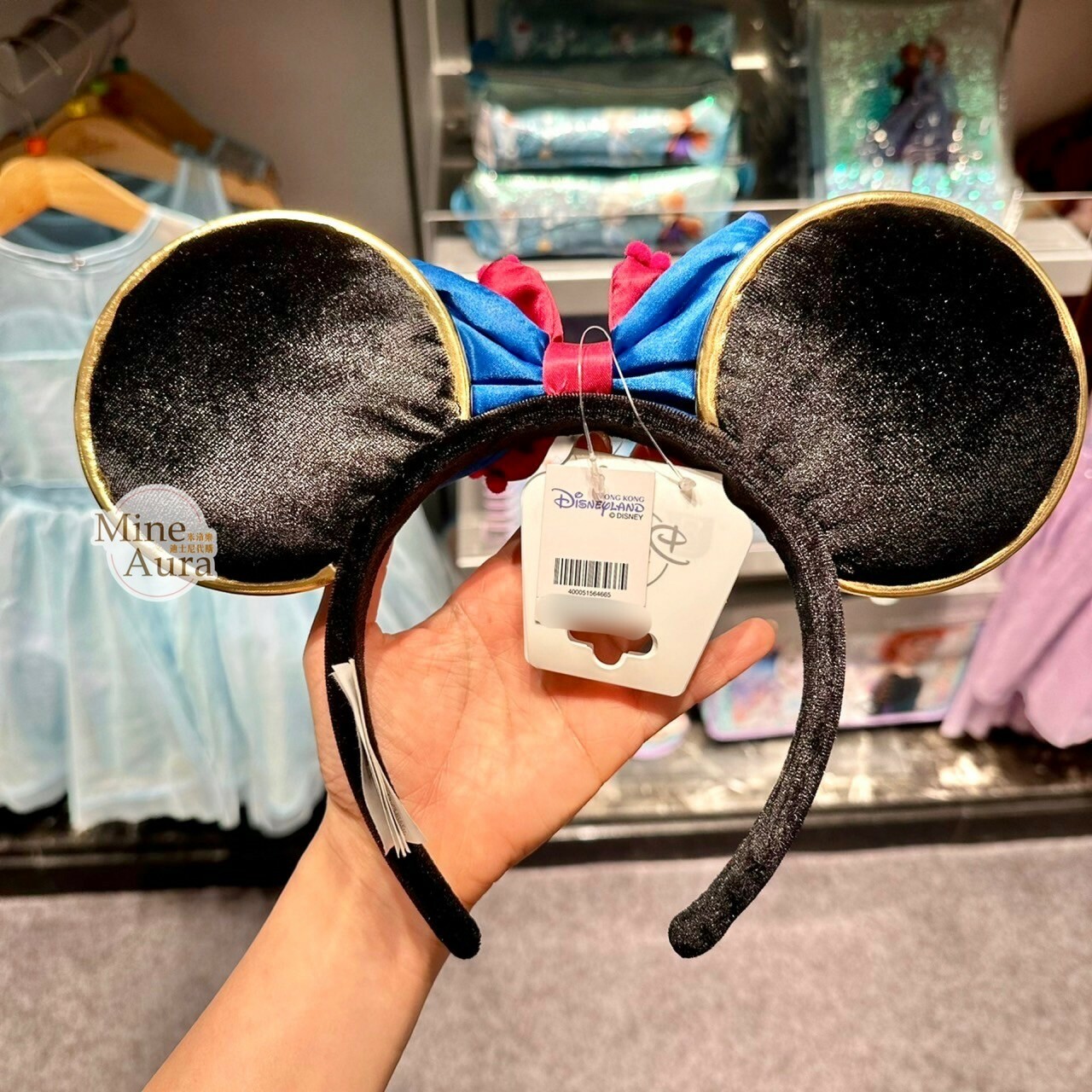 米妮 Minnie 藍紅蝴蝶結 刺繡黑絨 造型 髮圈 髮箍 -香港迪士尼樂園