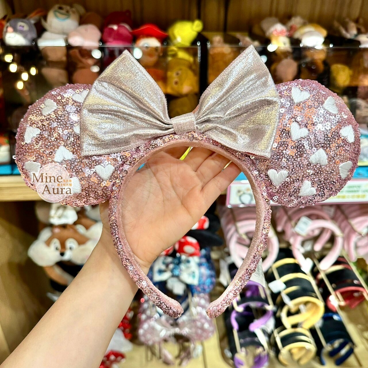 米妮 Minnie 銀色蝴蝶結 愛心亮片 造型 髮圈 髮箍 -香港迪士尼樂園
