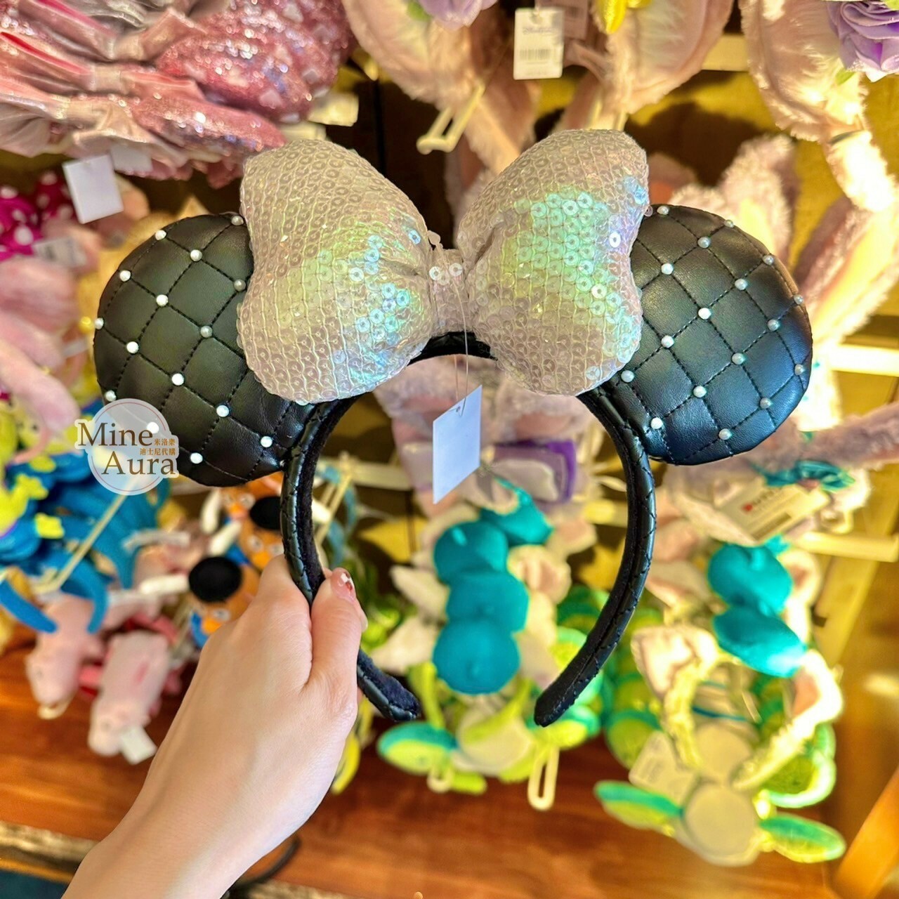 米妮 Minnie 亮片蝴蝶結 珍珠 皮質造型 髮圈 髮箍 -香港迪士尼樂園