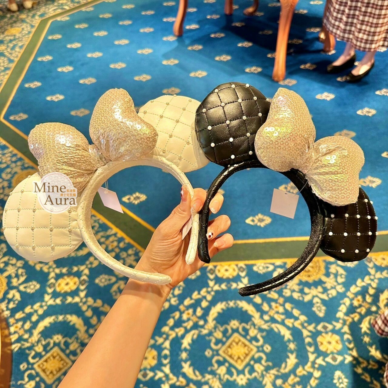 米妮 Minnie 亮片蝴蝶結 珍珠 皮質造型 髮圈 髮箍 -香港迪士尼樂園