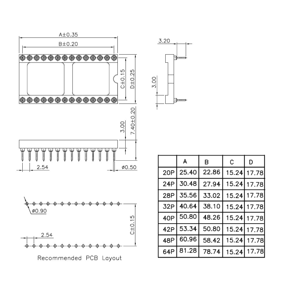 圓孔短腳 IC腳座(寬腳) 尺寸規格