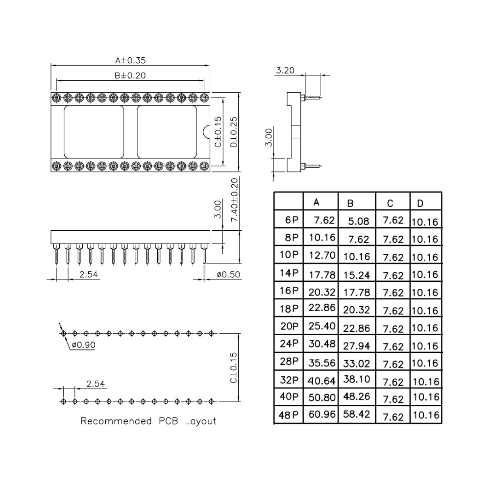 圓孔短腳 IC腳座(窄腳) 尺寸規格