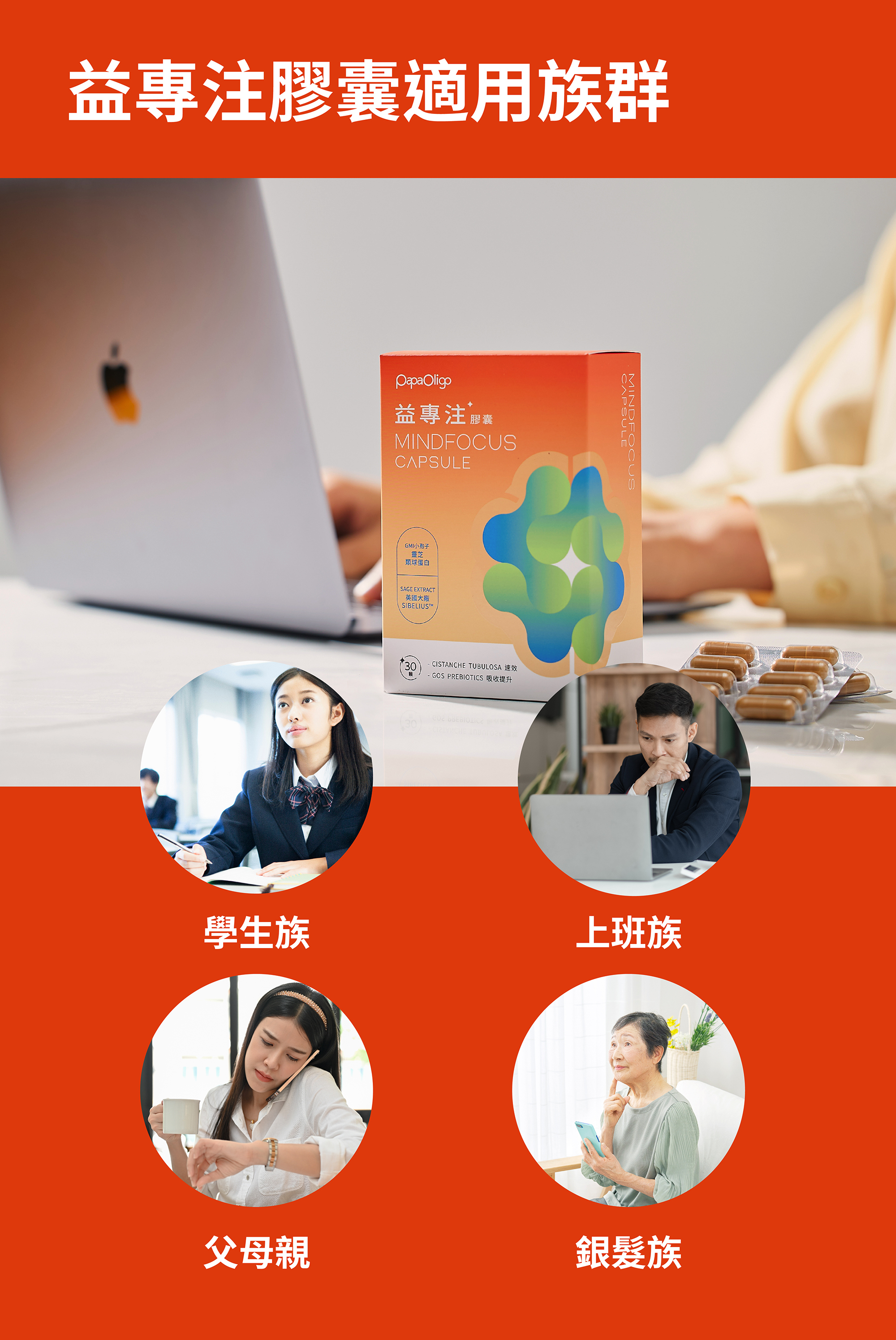 益專注膠囊可以幫助到什麼人? 正在求學階段的學生、需要認真專注的上班族、家庭與工作皆忙碌的父母親、需要思緒更清晰的銀髮族