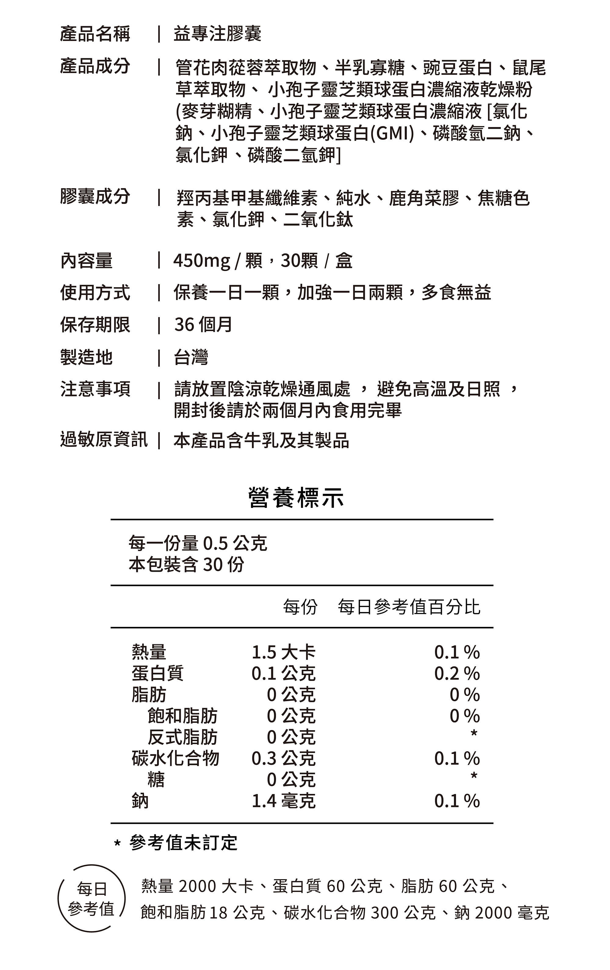 益專注膠囊產品營養標示