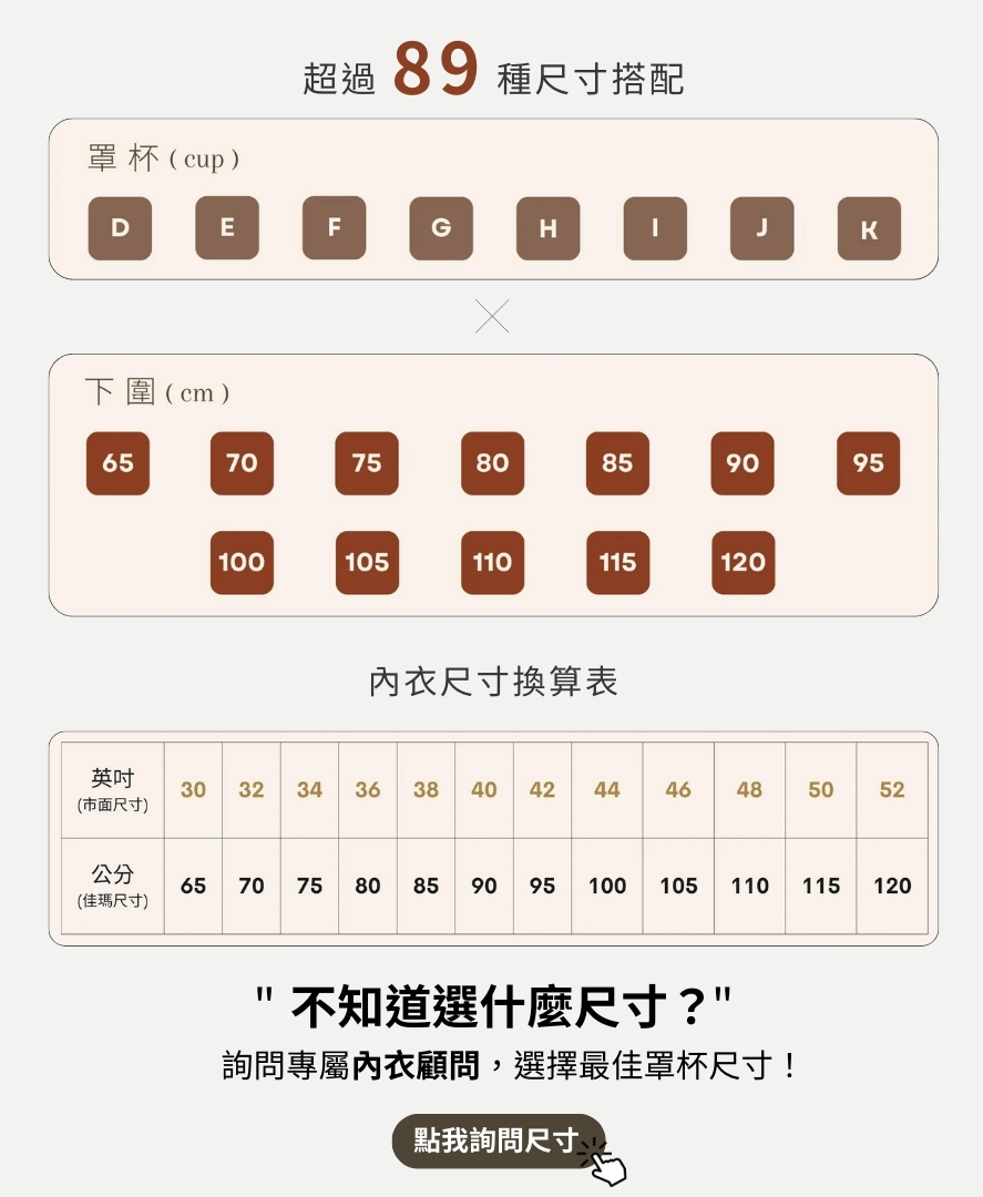內衣有多種尺寸可以挑選，也可以換算內衣尺寸