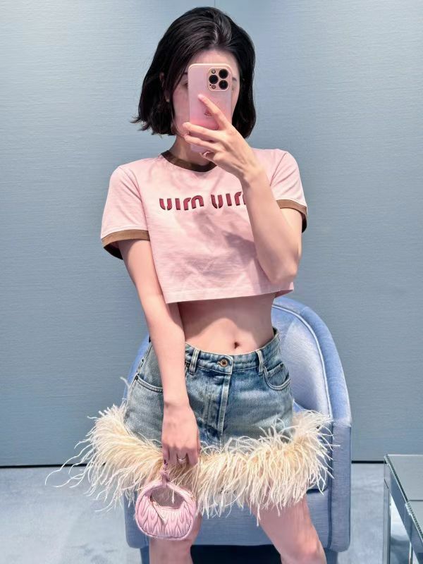 Miu Miu 粉色短款字母短袖Tee  MJN519  115L  F03Q0 -T