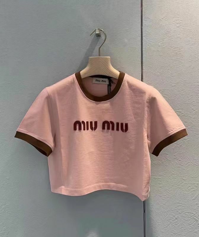 Miu Miu 粉色短款字母短袖Tee  MJN519  115L  F03Q0 -T