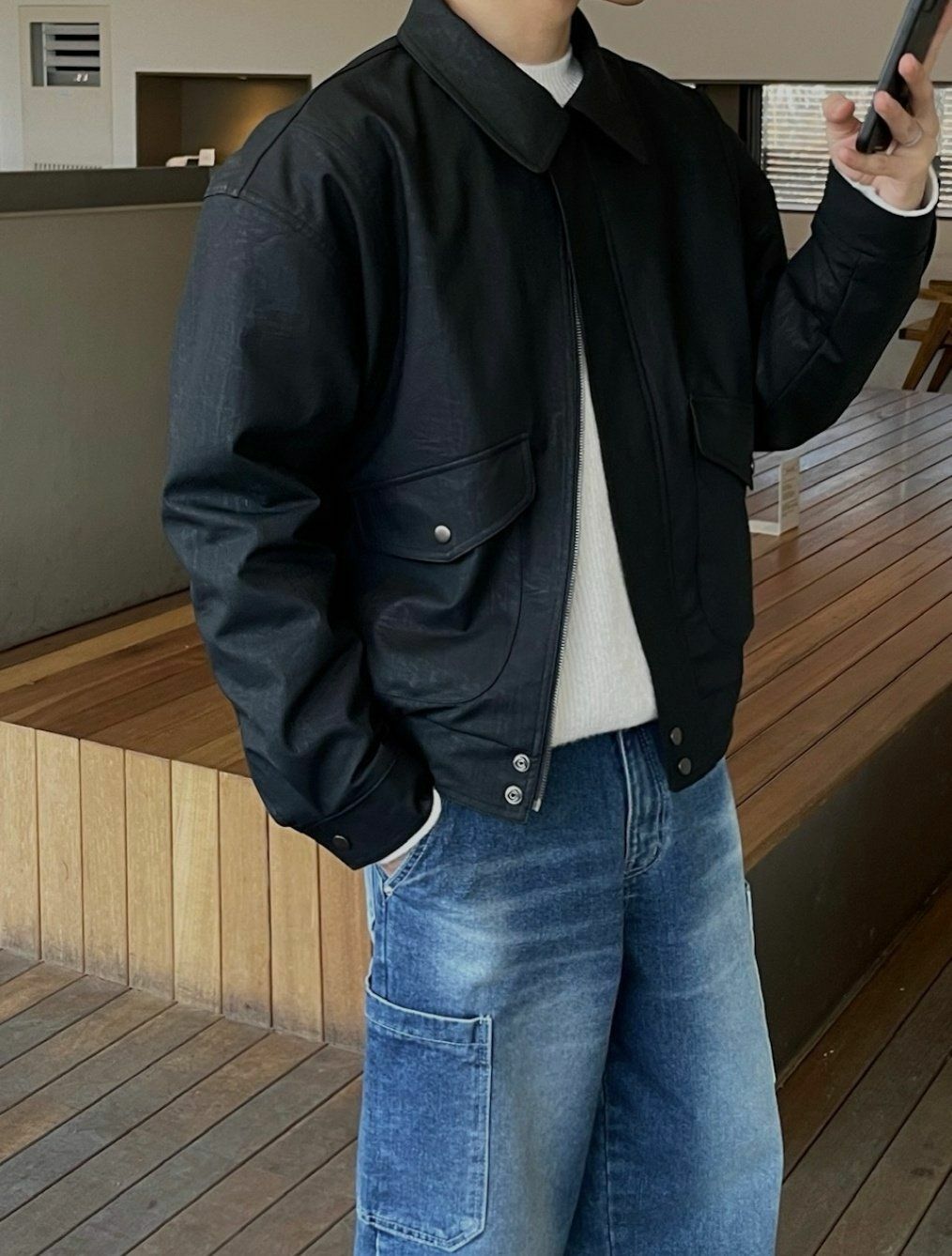 反領拉鍊合成皮褸 JK2511