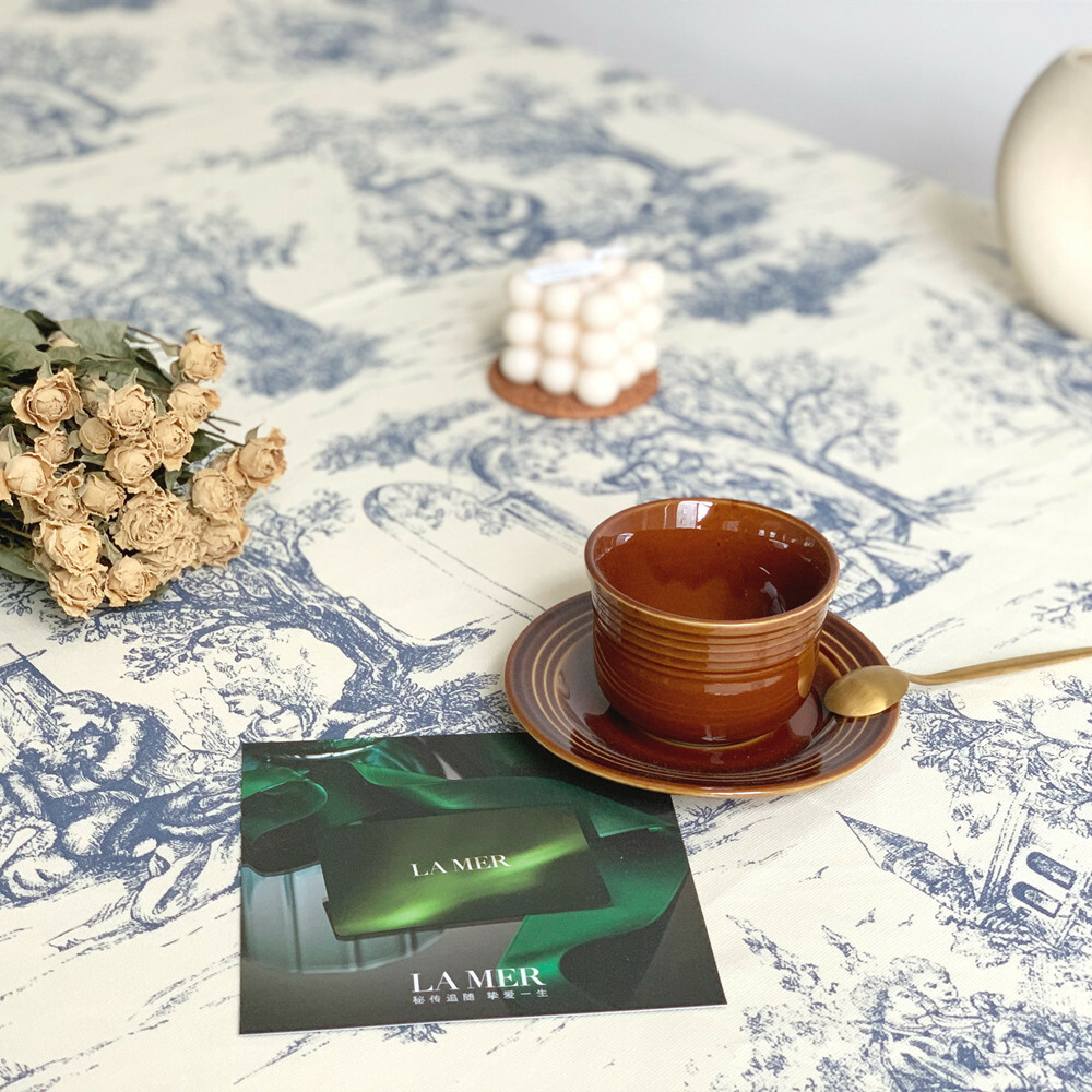 《3682》INS法式復古水墨田園風藍粉色桌布