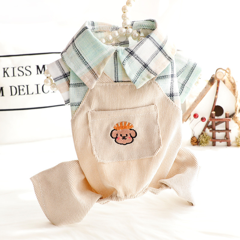 宠物衣服 薄款 4脚背带裤 绿色格子小熊图案