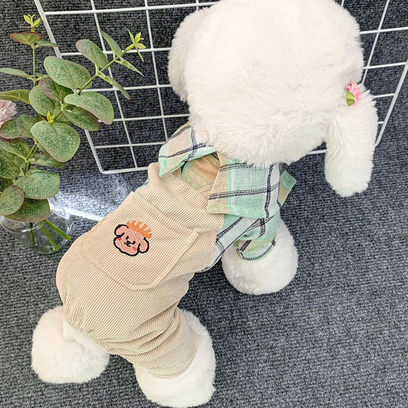 宠物衣服 薄款 4脚背带裤 绿色格子小熊图案