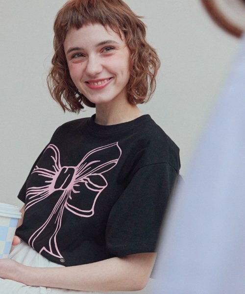 ◆RONRON◆ BIG RIBBON LINE T SHIRT BLACK CREAM RONRON BIG RIBBON LINE T SHIRT