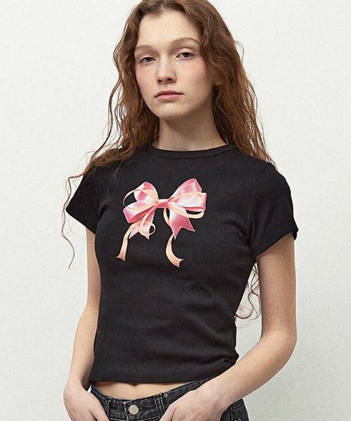 RONRON DOUBLE RIBBON SLIM CROP T SHIRT