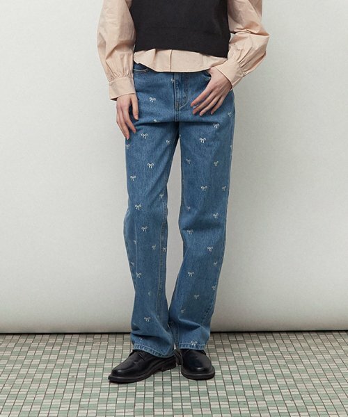 RONRON☆RIBBON PRINTED DENIM HALF PANTS RIBBON PRINTED DENIM HALF PANTS LIGHT BLUE - RONRON 론론