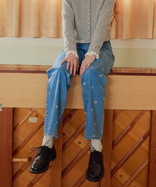★2024SS新作★RONRON★RIBBON PRINTED DENIM HALF PANTS RIBBON PRINTED DENIM HALF PANTS LIGHT BLUE - RONRON 론론