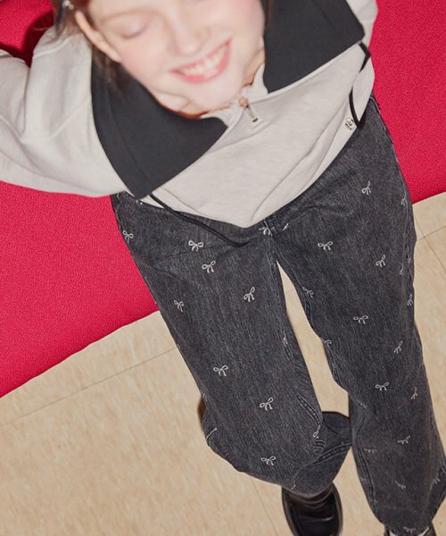 RONRON RIBBON PRINTED DENIM PANTS