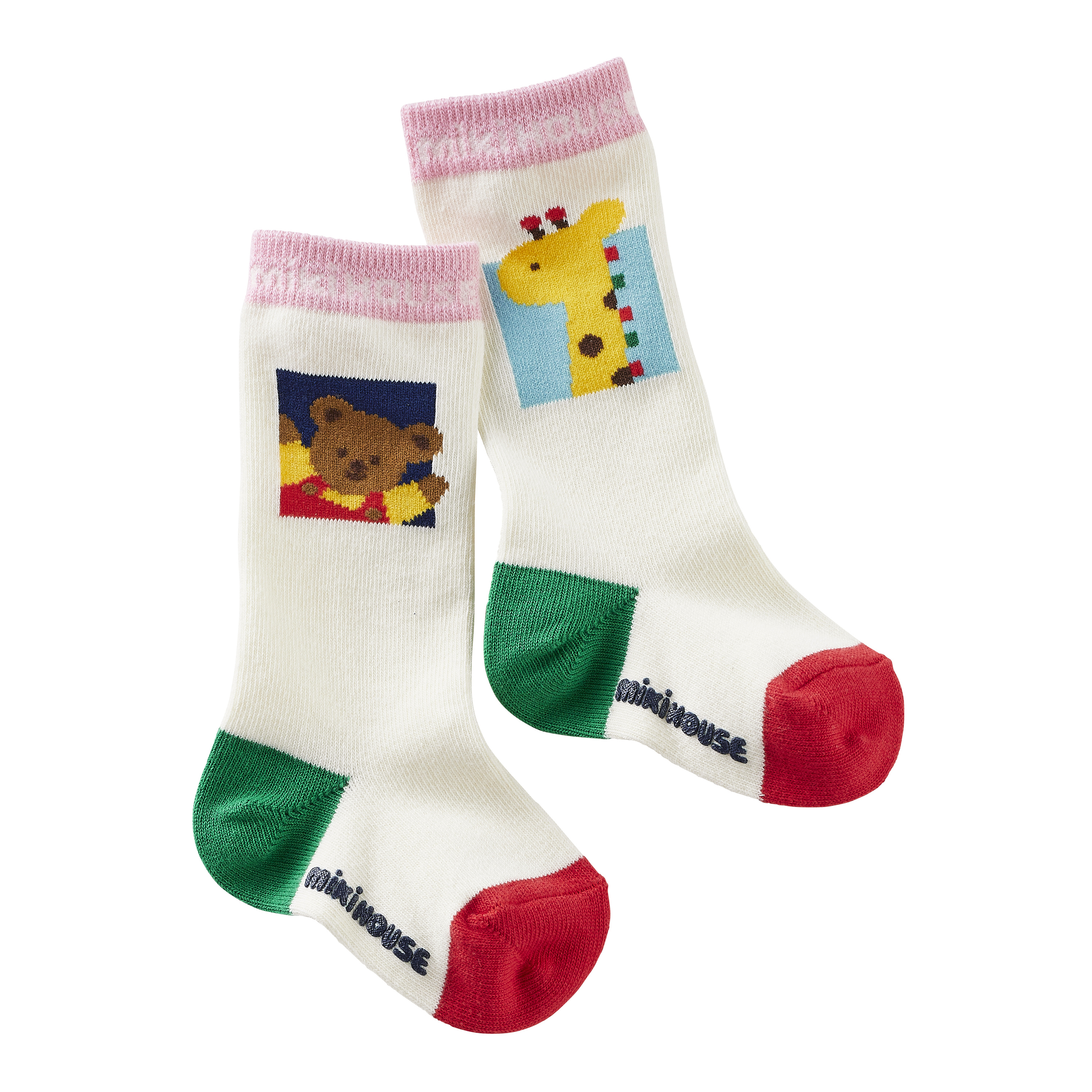 MIKI HOUSE BEAR拼色高筒襪-象牙