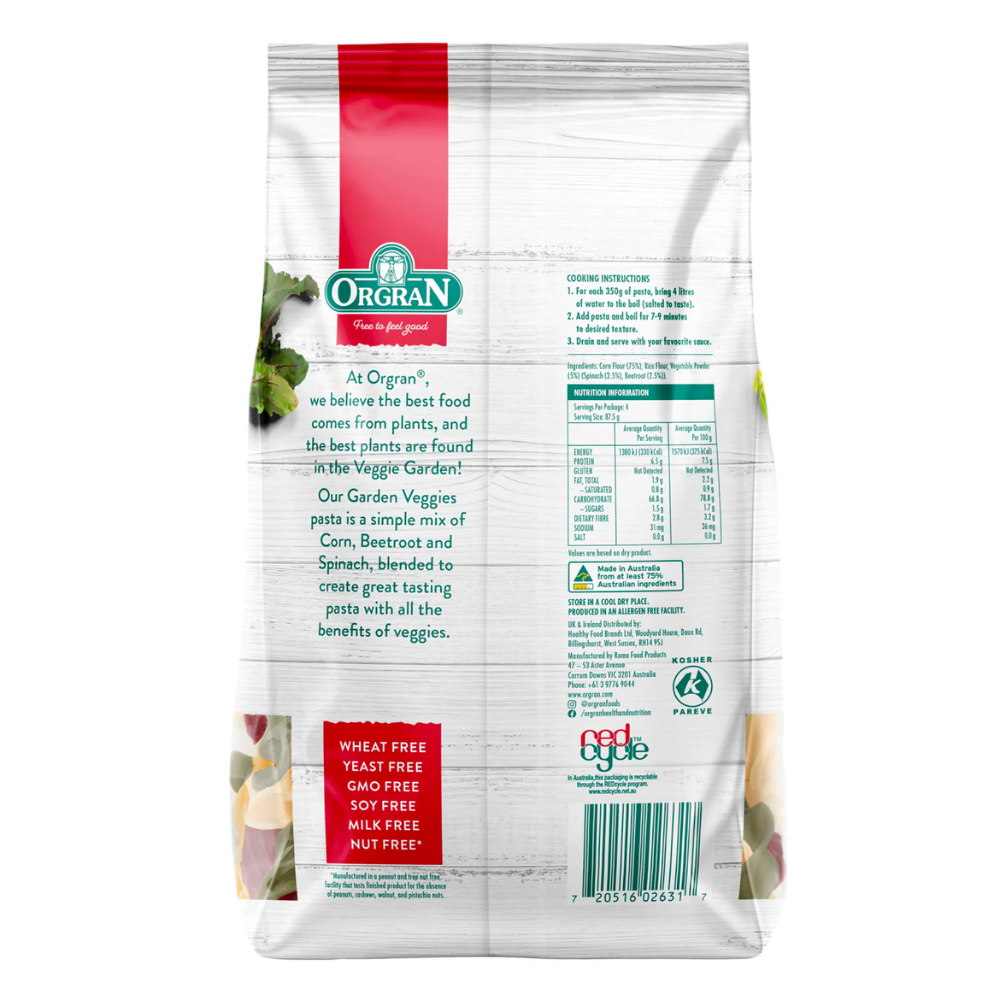 ORGRAN Garden Veggies Gluten Free Tricolour Spiral Pasta（Vegan, High Fiber, No additives) (350g) (161439)