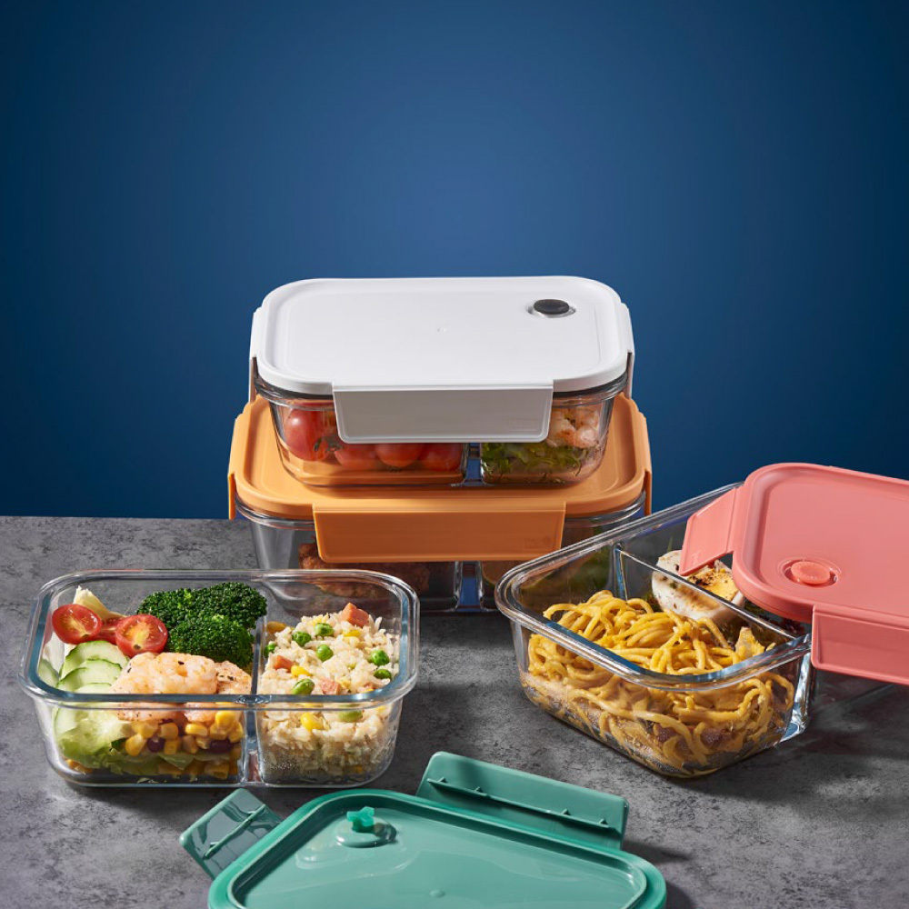 #元氣熊 耐熱玻璃保鮮盒/長方形分隔/1000ml/1500ml 四色