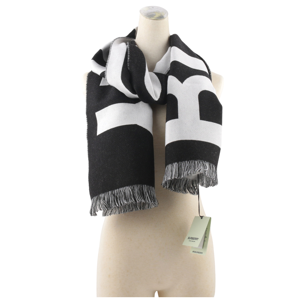 【BURBERRY】Logo 徽標羊毛圍巾(黑色/白色) 8054214 A1189