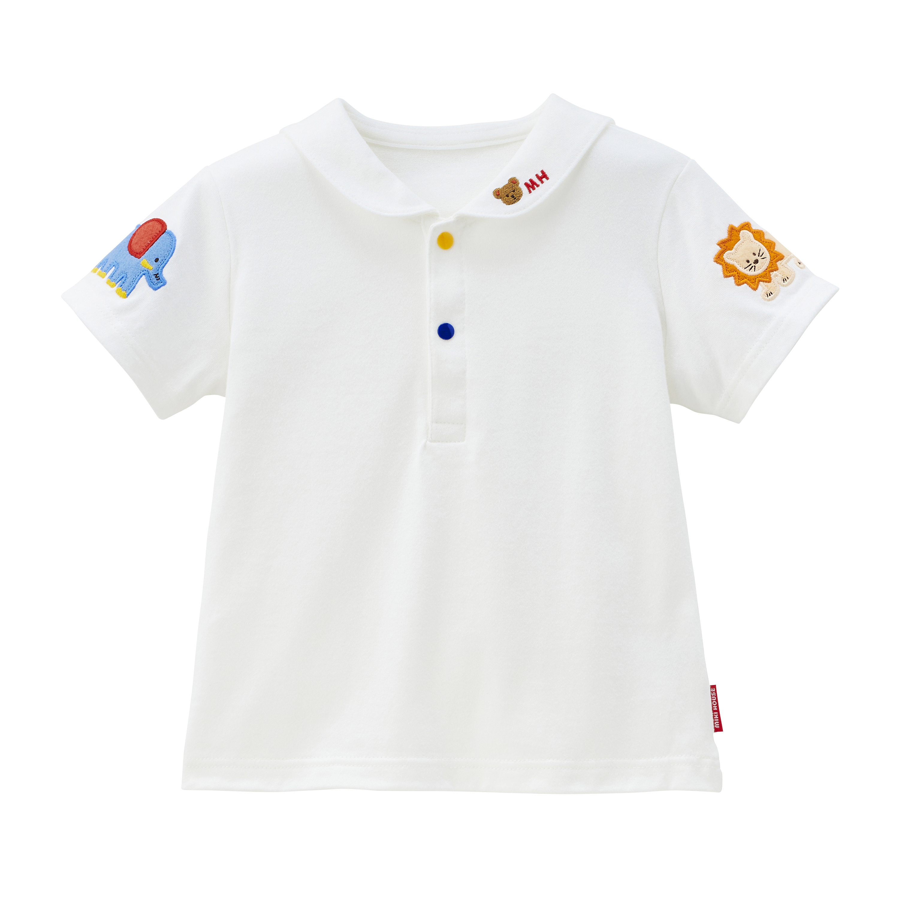 MIKI HOUSE BEAR刺繡翻領短袖襯衫-白