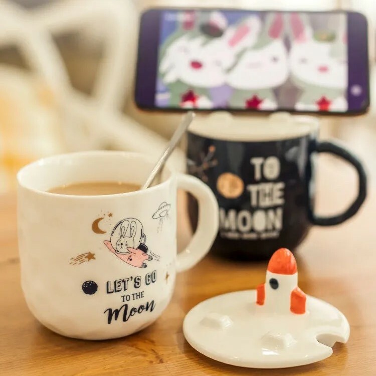 《3687》火箭星空陶瓷杯蓋帶匙咖啡杯400ML