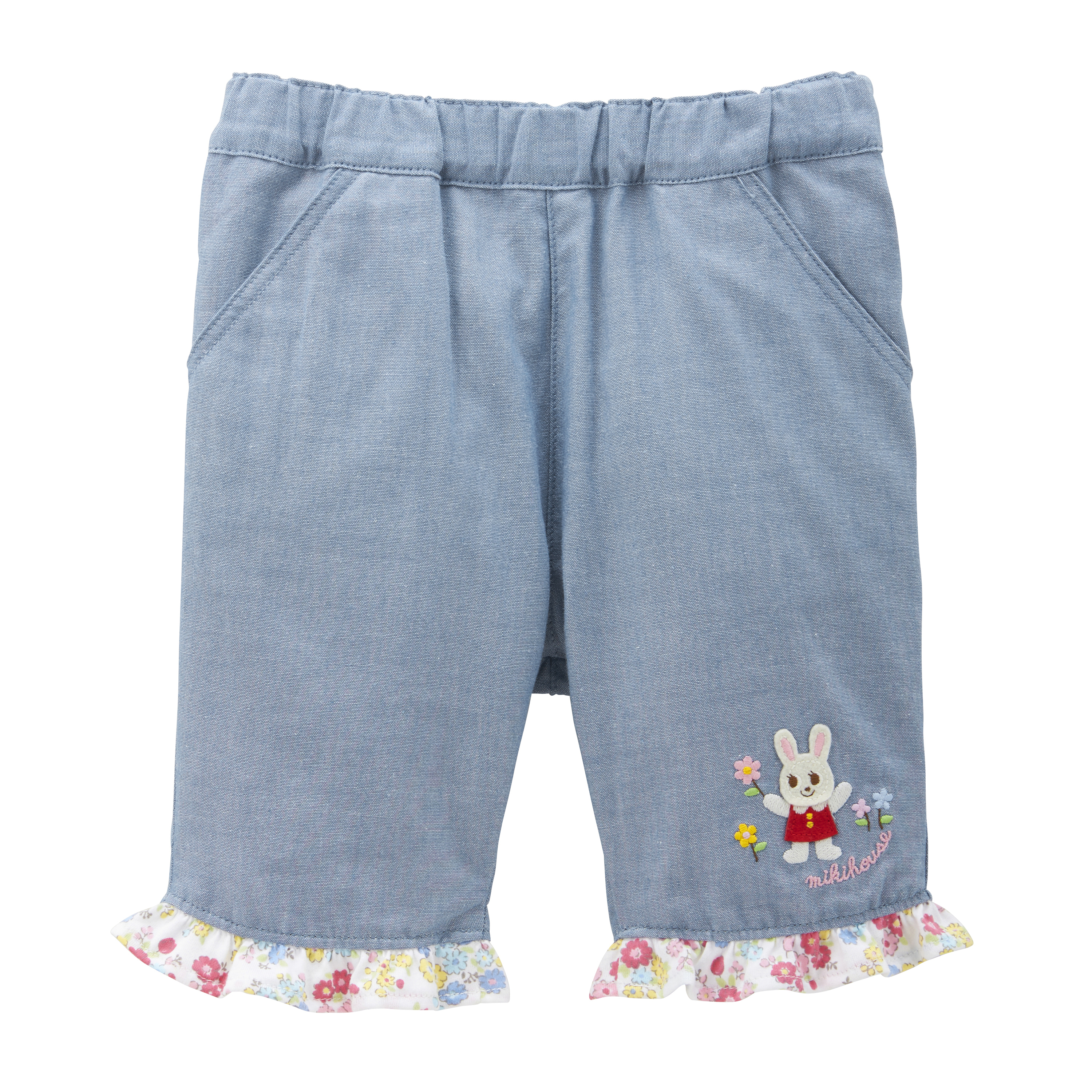 舞颯兔刺繡花邊七分褲-天藍