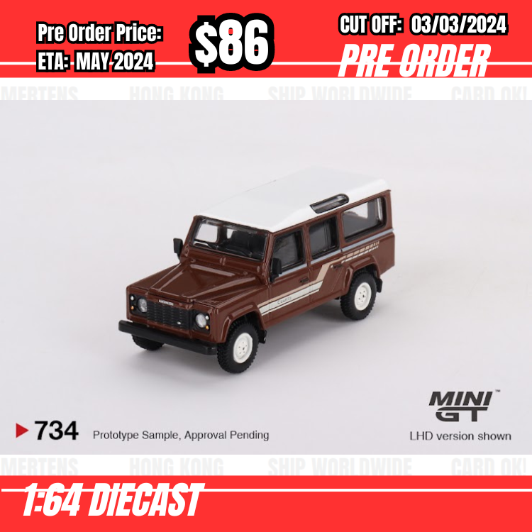 PO-$86 * Mini GT * 1:64 #734 Land Rover Defender 110 1985 County Station Wagon Russet Brown RHD [OD19/02]