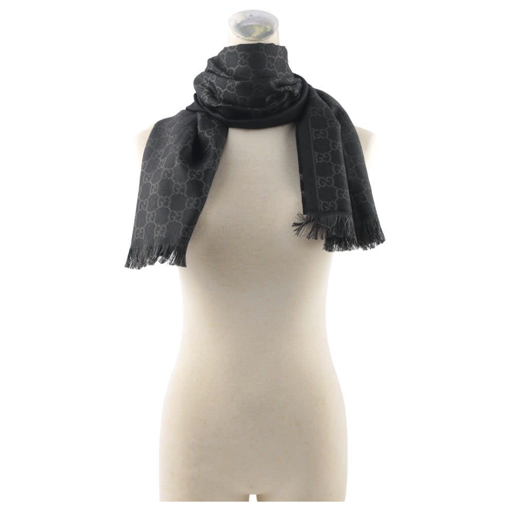 【GUCCI】GG Logo 標誌及素面方格雙面可用羊毛圍巾(黑色/深灰) 544619 4G200 1061