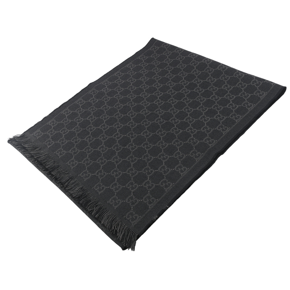 【GUCCI】GG Logo 標誌及素面方格雙面可用羊毛圍巾(黑色/深灰) 544619 4G200 1061