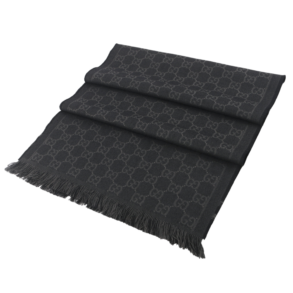 【GUCCI】GG Logo 標誌及素面方格雙面可用羊毛圍巾(黑色/深灰) 544619 4G200 1061