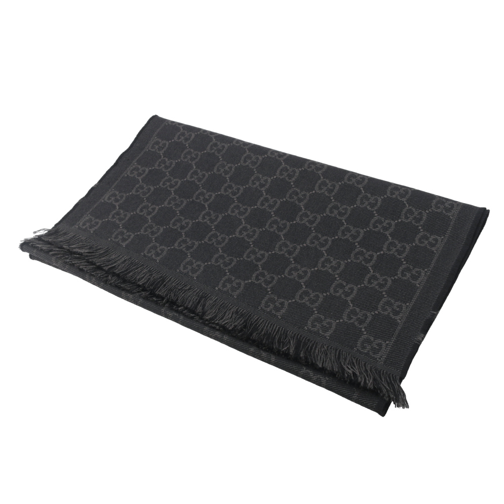 【GUCCI】GG Logo 標誌及素面方格雙面可用羊毛圍巾(黑色/深灰) 544619 4G200 1061
