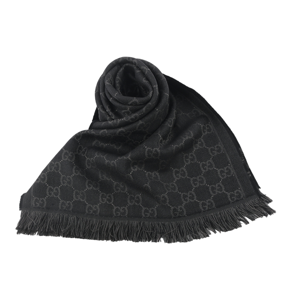 【GUCCI】GG Logo 標誌及素面方格雙面可用羊毛圍巾(黑色/深灰) 544619 4G200 1061