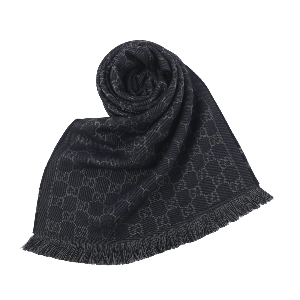【GUCCI】GG Logo 標誌及素面方格雙面可用羊毛圍巾(午夜藍/深灰) 544619 4G200 4061