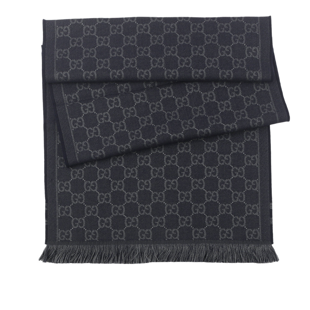 【GUCCI】GG Logo 標誌及素面方格雙面可用羊毛圍巾(午夜藍/深灰) 544619 4G200 4061