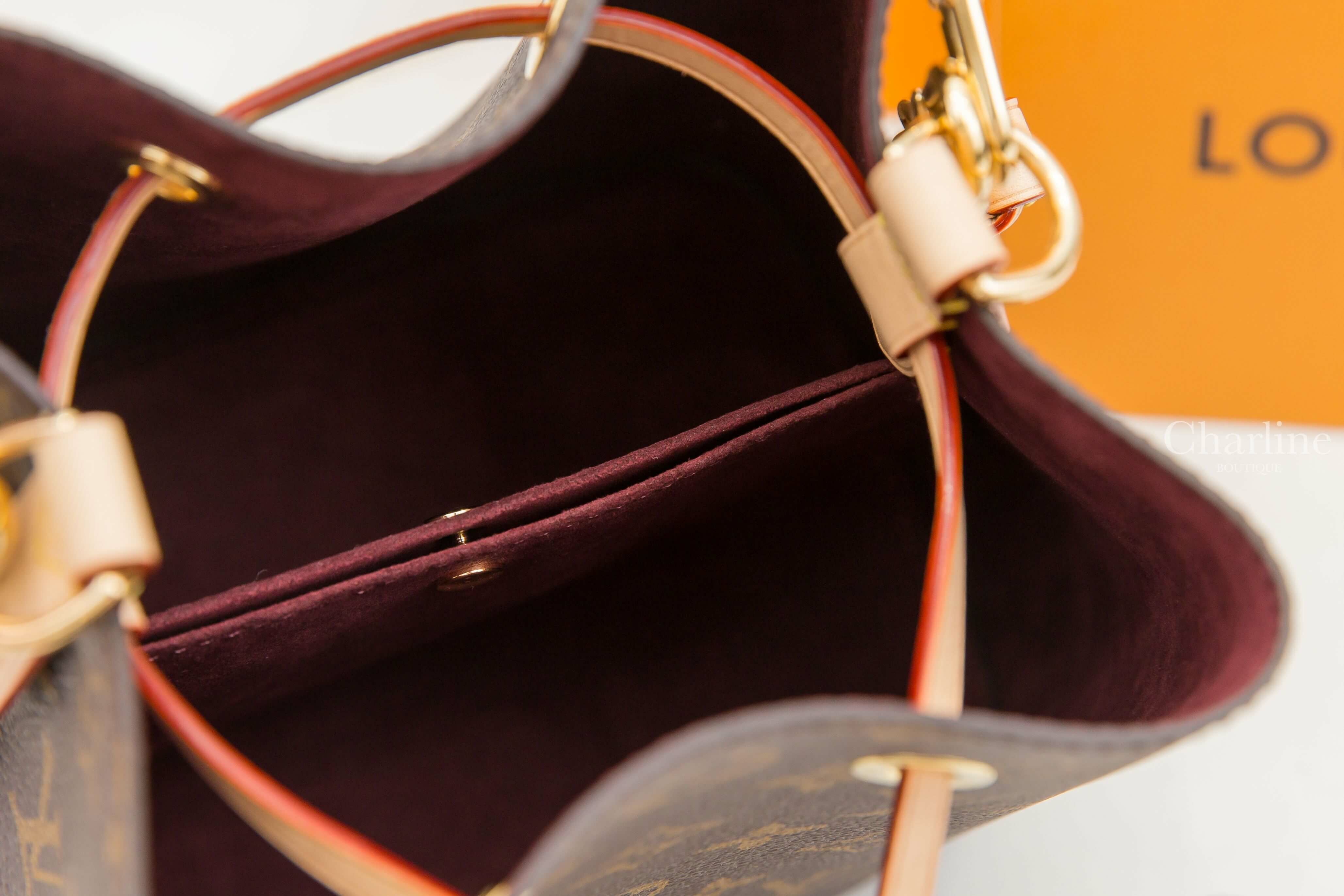 Louis Vuitton Néonoé BB Bag 咖啡色老花帆布與酒紅內裡小型手提水桶肩背包-Charline Boutique 精品代購