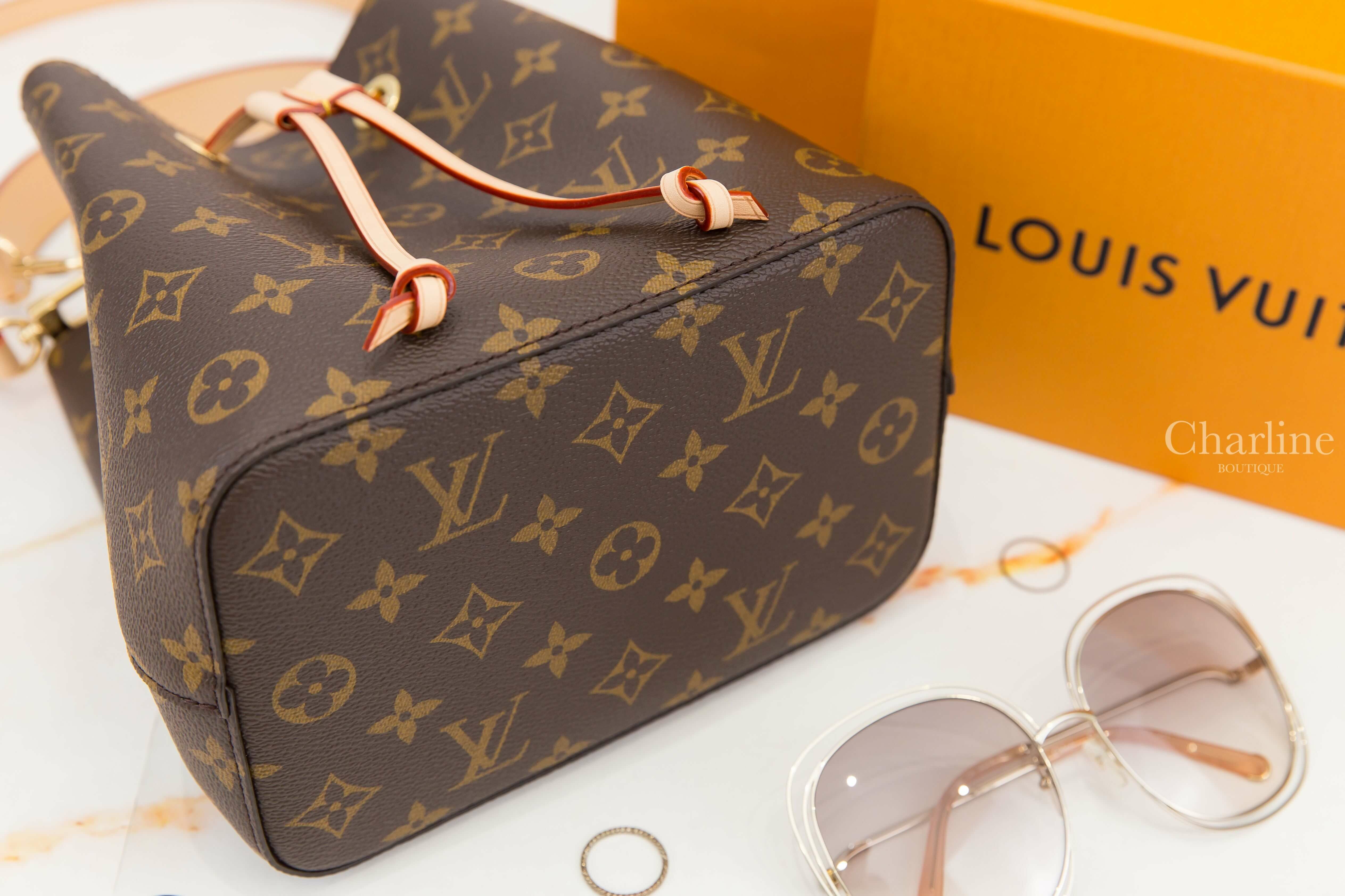 Louis Vuitton Néonoé BB Bag 咖啡色老花帆布與酒紅內裡小型手提水桶肩背包-Charline Boutique 精品代購