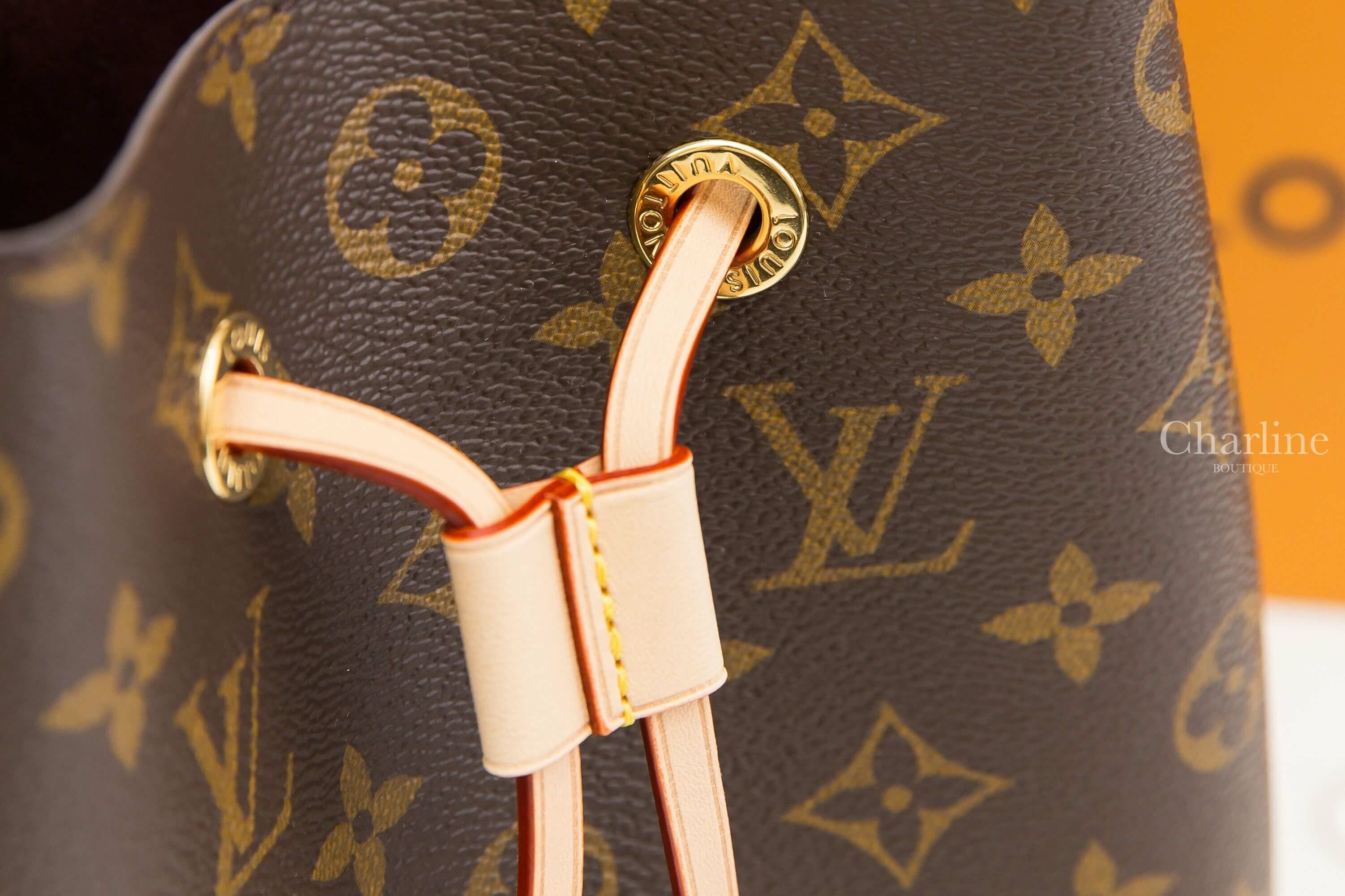 Louis Vuitton Néonoé BB Bag 咖啡色老花帆布與酒紅內裡小型手提水桶肩背包