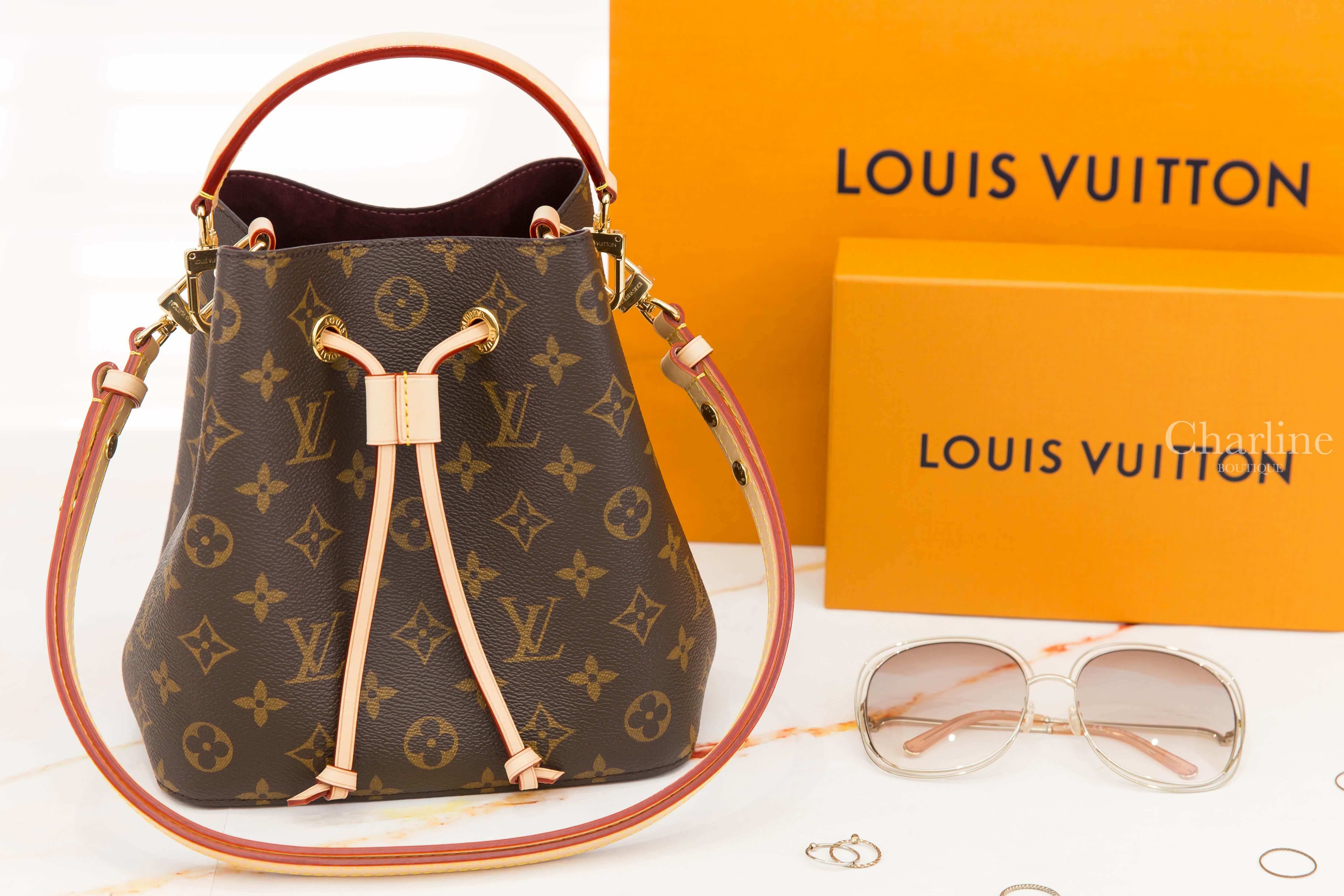Louis Vuitton Néonoé BB Bag 咖啡色老花帆布與酒紅內裡小型手提水桶肩背包
