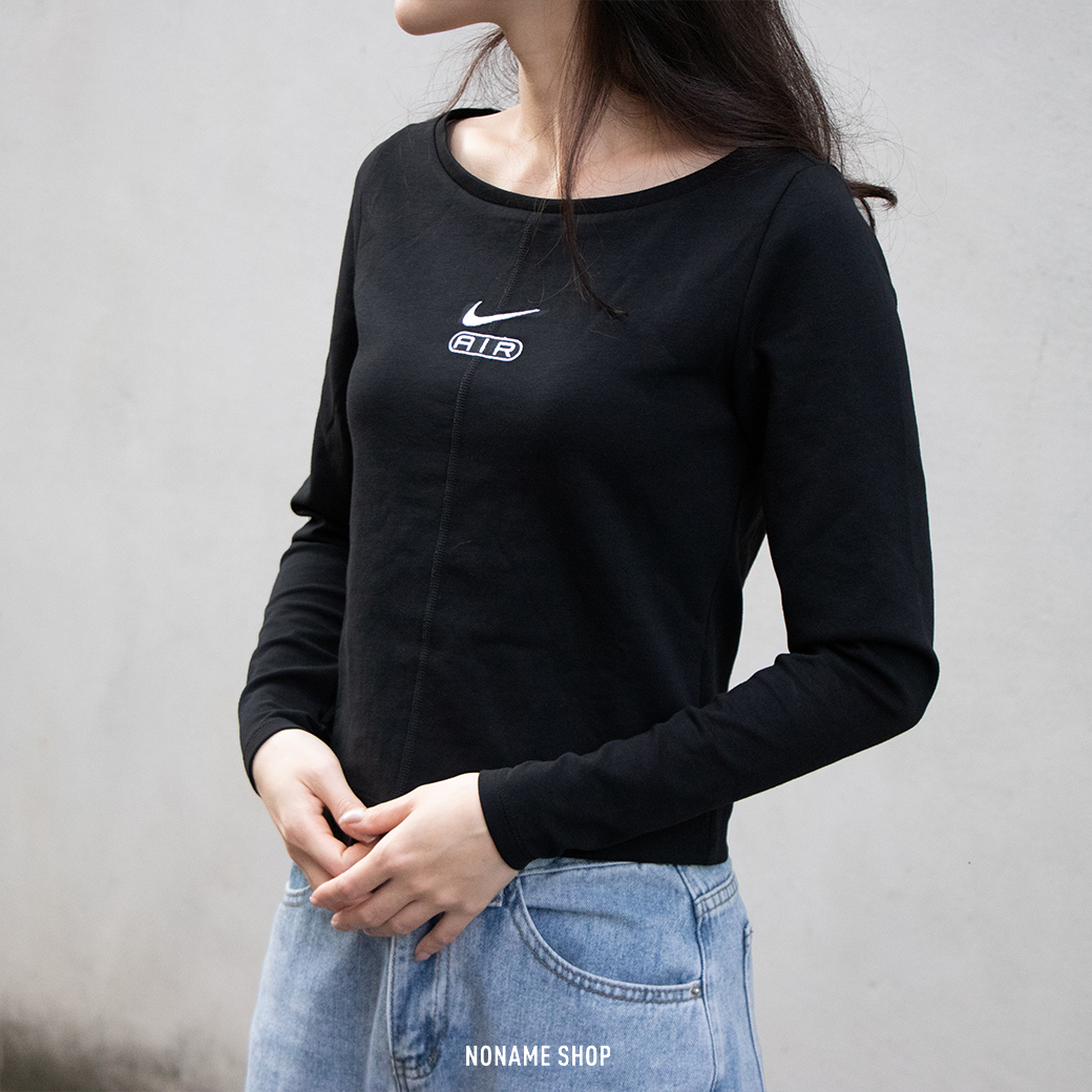 NIKE AIR 小勾 刺繡 貼身 薄長T 黑色 (女款)