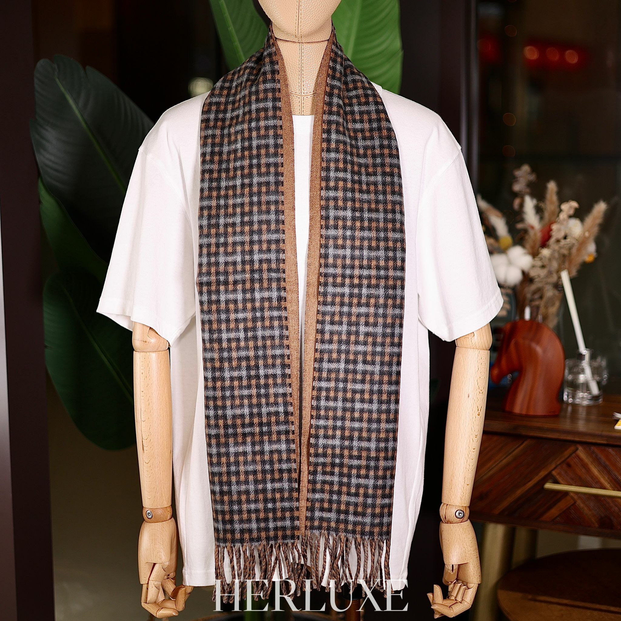 H Ecossais recto-verso muffler 100% cachemire drak bleu /gold 25x150cm