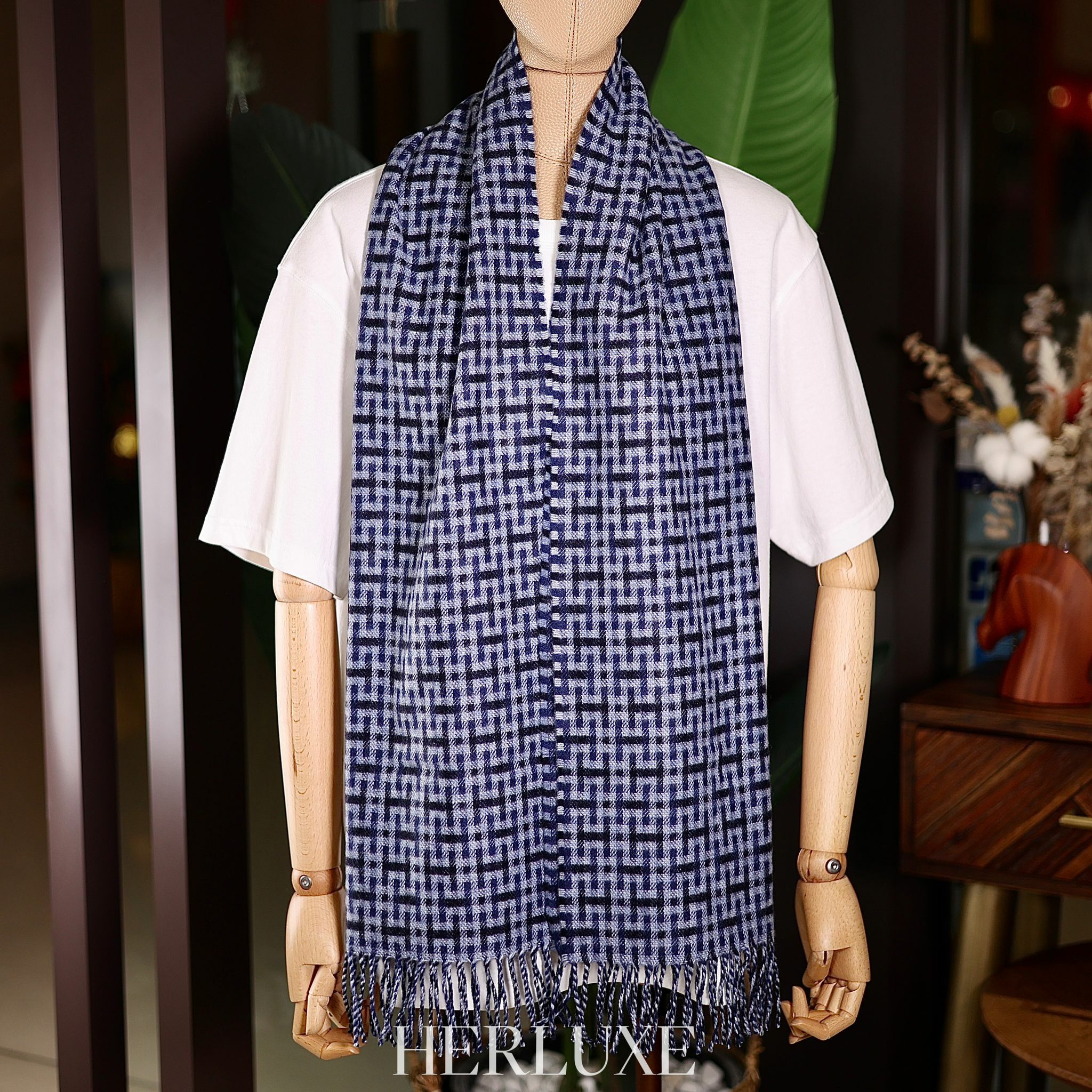 H Ecossais muffler 100% cashmere  Marine / Bleu 40 x 160 cm