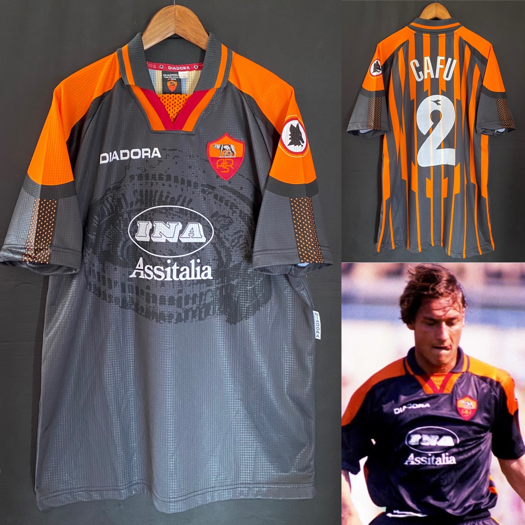 (Player Issue) AS Roma 1997-1998 Diadora Third Player Issue Shirt #2 CAFU