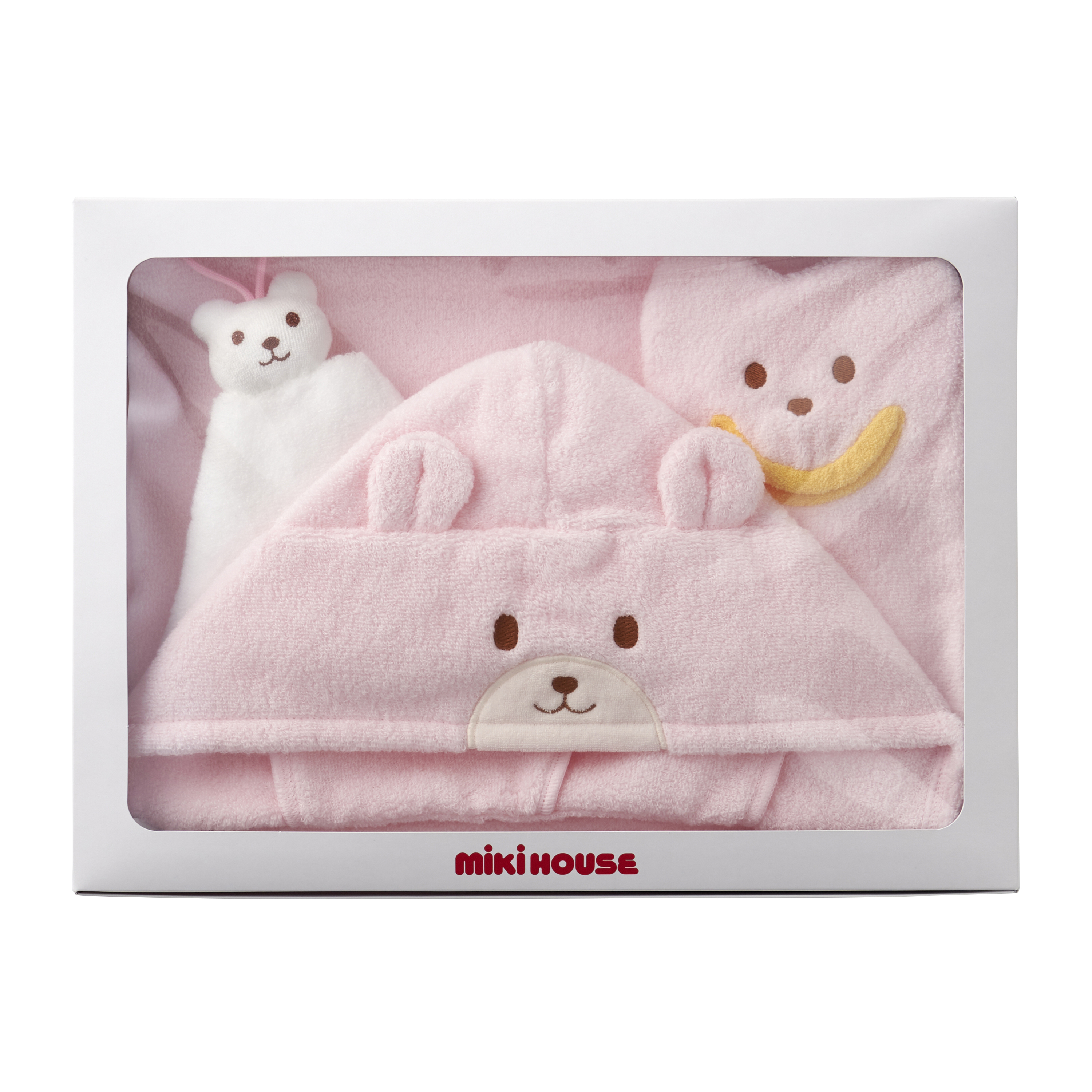 無撚紗小熊嬰兒斗篷連帽浴巾組盒裝（今治毛巾）-粉