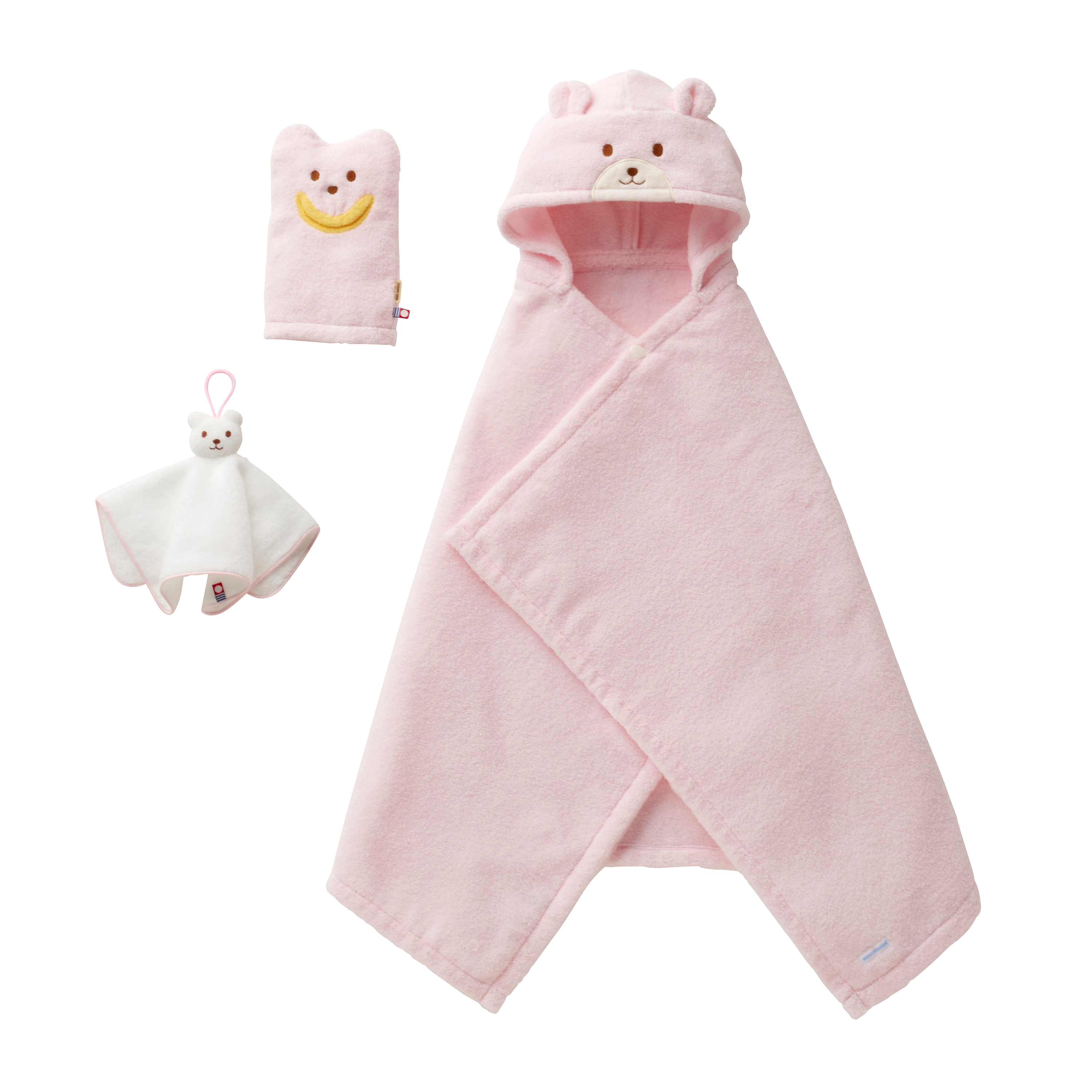無撚紗小熊嬰兒斗篷連帽浴巾組盒裝（今治毛巾）-粉
